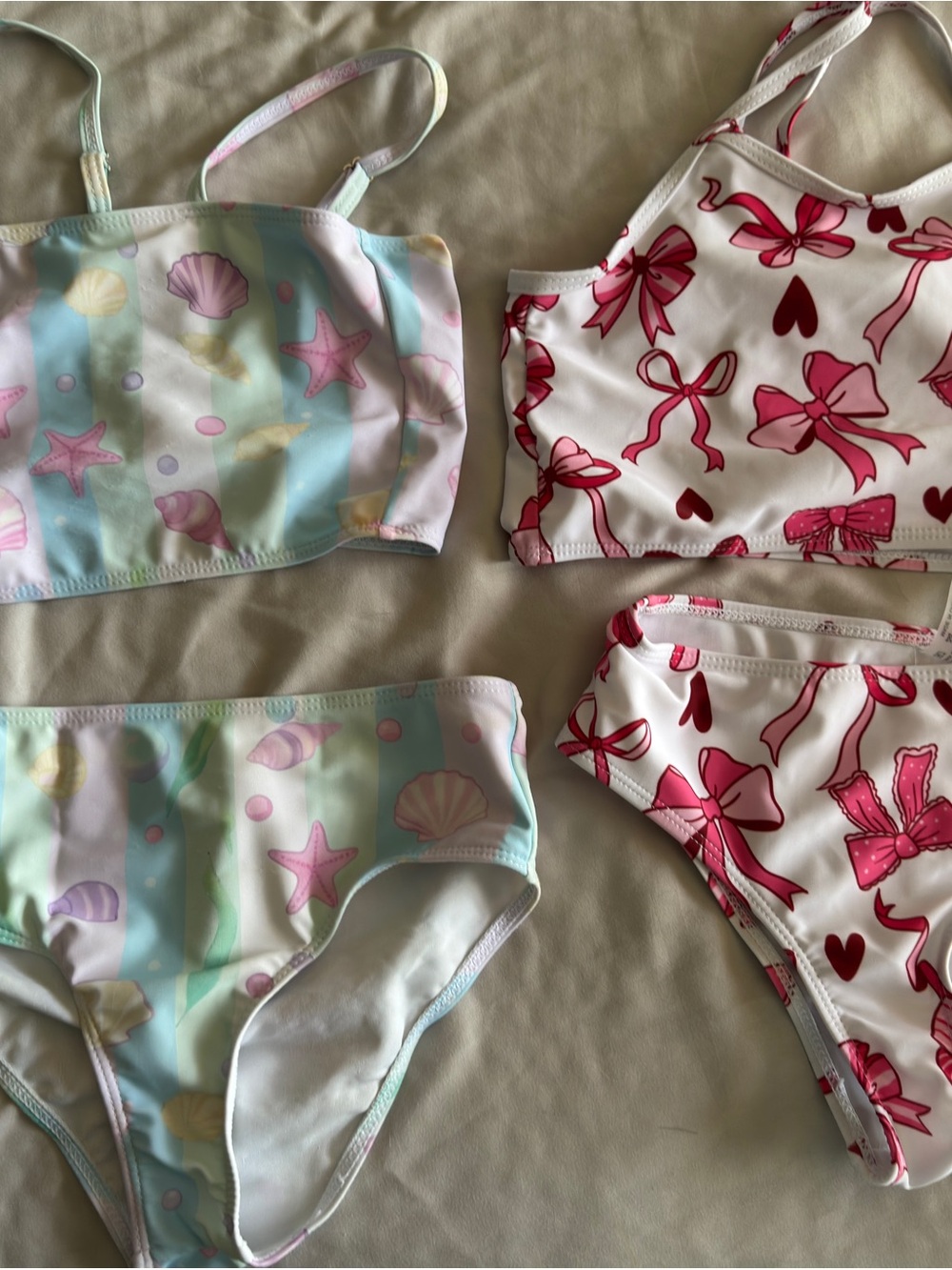 SHEIN Girls Two-Piece Swim Sets - Pastel Mint Seashell & White Pink Bow